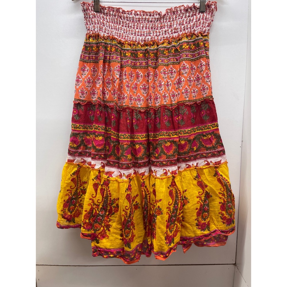 Chaudry KC Womens Boho Tiered Paisley Floral Midi Skirt Smocked Orange Yellow M